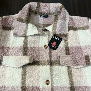 Stoosh women's pink, beige, and brown plaid sherpa jacket.